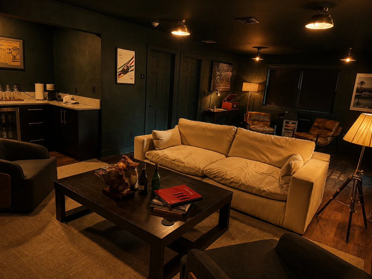 Members lounge with dark green walls