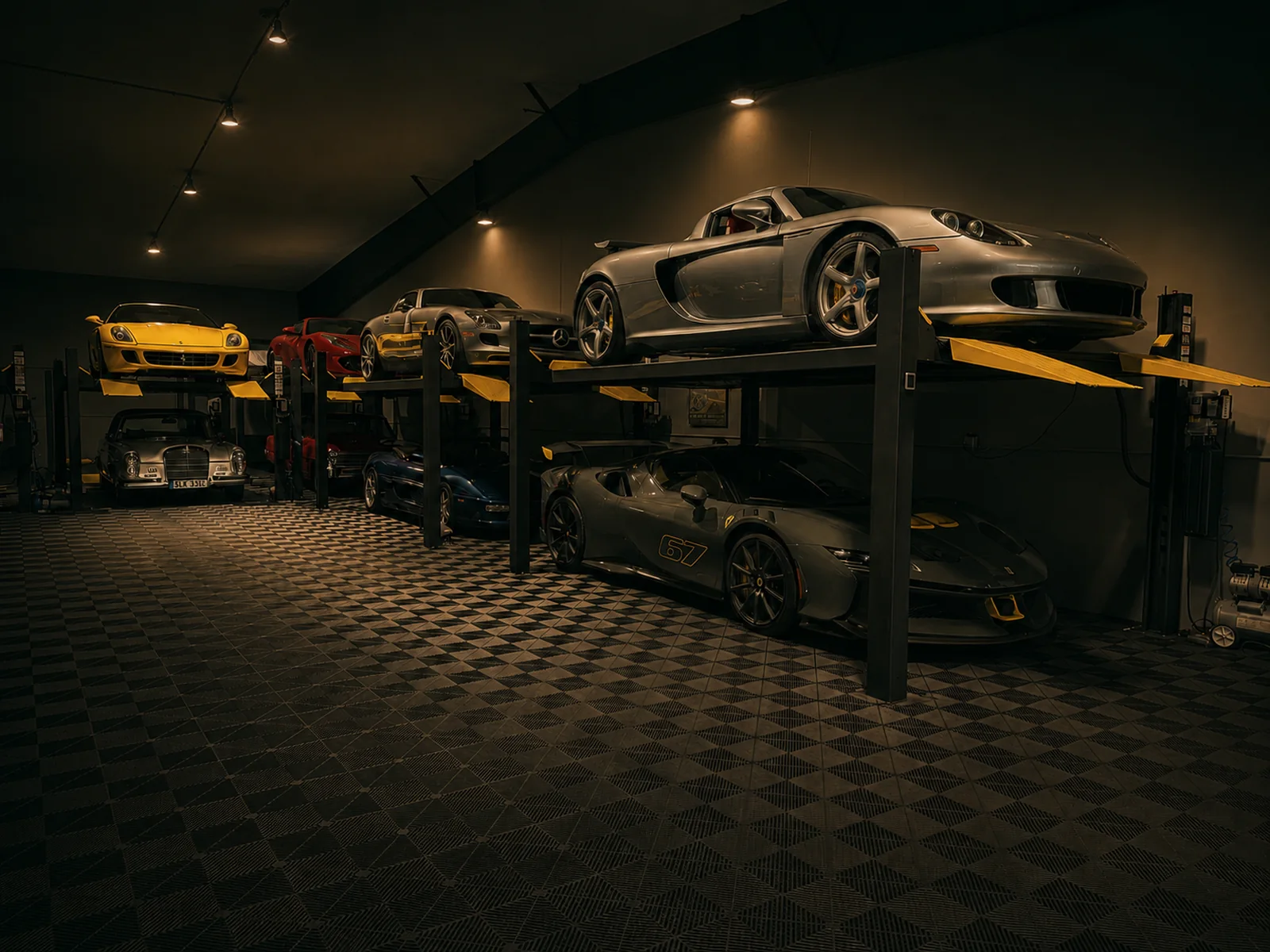Collector cars on lifts in the storage hall